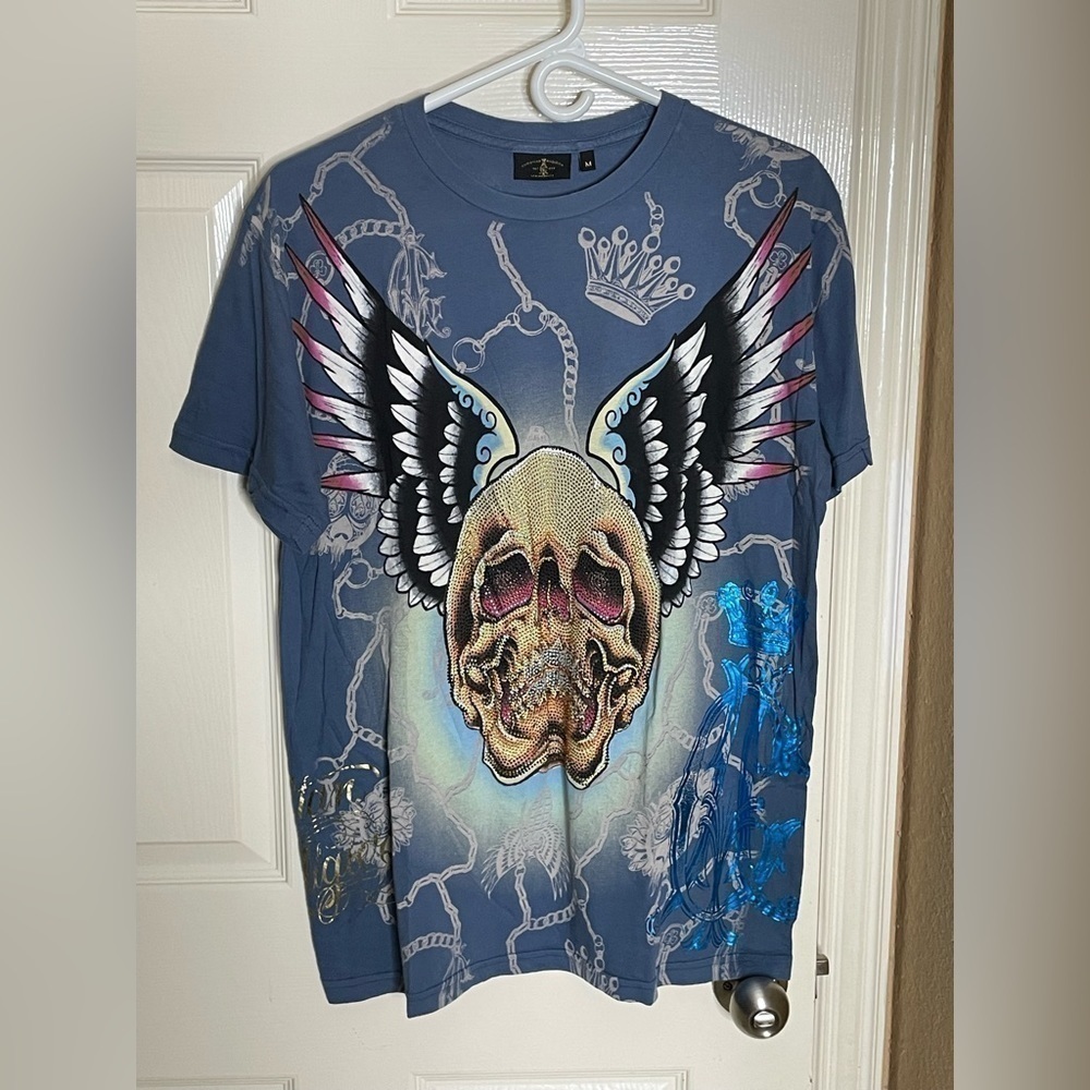 Christian Audigier Shirt Mens Medium Blue Skull Wings Rhinestone All Over Print - Picture 6 of 10
